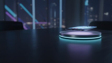 Futuristic Wireless Charging Pad in Dark Room.