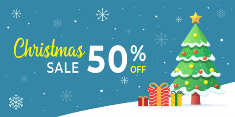 vector illustration of Christmas Sale With 50% Off, Festive Tree, Gifts, And Snowy Holiday Cheer, perfect for promoting a 50% Christmas sale, holiday gifts, and festive decor during the season.