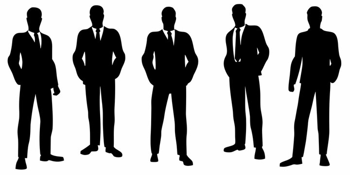 Silhouette of five men in suits standing in a row facing forward