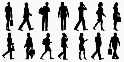 Fototapeta premium Silhouettes of diverse people walking in various poses and outfits