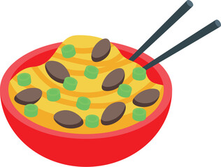 Asian cuisine with ramen noodles and beef in a red bowl with chopsticks ready to eat