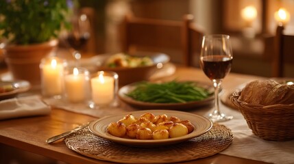Naklejka premium A warm and intimate dinner setting with roasted potatoes green beans bread and red wine illuminated by candlelight
