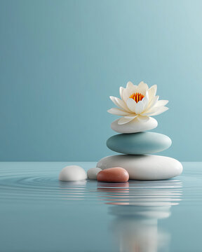Cute 3D clay render of balanced zen stones and lotus flower on pastel blue background. Soft isometric mindfulness illustration with copy space for yoga, meditation, and mental health content.
