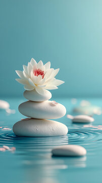 Cute 3D clay render of balanced zen stones and lotus flower on pastel blue background. Soft isometric mindfulness illustration with copy space for yoga, meditation, and mental health content.