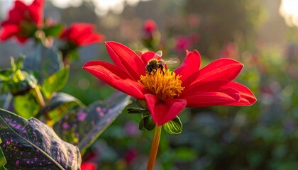 A vibrant red flower with a bee collecting nectar in a sunny garden setting.