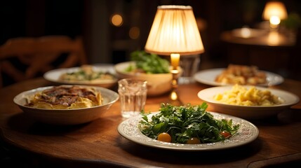Warmly lit table set with multiple gourmet dishes and a lamp for an intimate meal