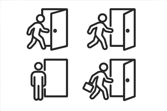 Four variations of an exit icon with a person silhouette