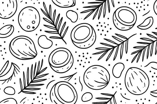 Seamless pattern with hand-drawn coconuts and palm leaves on a dark background