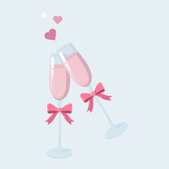 Fototapeta premium Two pink champagne glasses with bows tilted in a sweet toast, with soft hearts floating above on a pastel blue background. Romantic festive design for cards, decor, invitations and Valentine themes