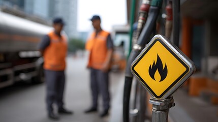 Fototapeta premium A hazard sign indicating flammability is prominent at a fuel pump with workers and a tanker truck blurred in the background