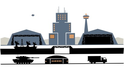 Landscape silhouette of military base scenery. Panoramic view of headquarter with military building and hangar. Vector illustration of scenic military bunker with tank and watchtower © Nicolas 