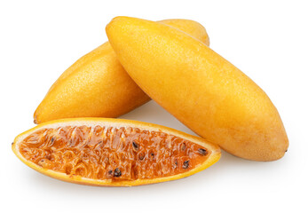 Curubas or banana passion fruits and fruit cut in half showing the juicy pulp and black seeds on white background. File contains clipping path.