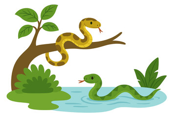 Naklejka premium Two cartoon snakes in a jungle scene