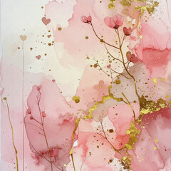 Pink watercolor abstract with delicate flowers and shimmering gold leaf accents