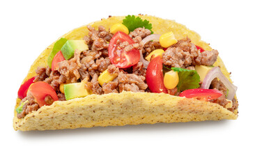Mexican meat taco or beef stuffed tortilla isolated on white background, top view. File contains clipping path.