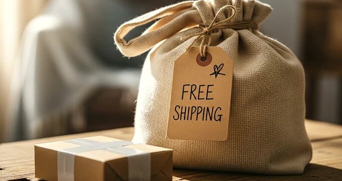 A fabric bag with a free shipping tag and a small package on a wooden surface for delivery