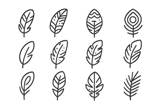 Set of 12 thin line feather icons on a gray background