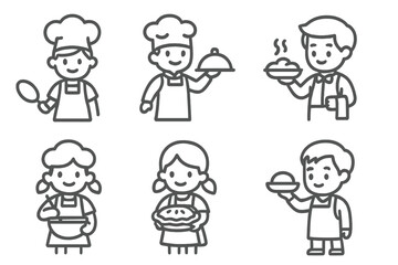 Cute cartoon chefs and waiters in outline style