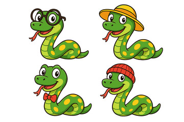 Naklejka premium Four Cartoon Snakes Wearing Accessories