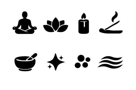 New Year Meditation Icons. New Year meditation ritual. Filled icon set of New Year meditation ritual: