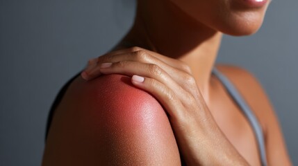 Close up shot illustrates painful reddening on a person's sun exposed shoulder area