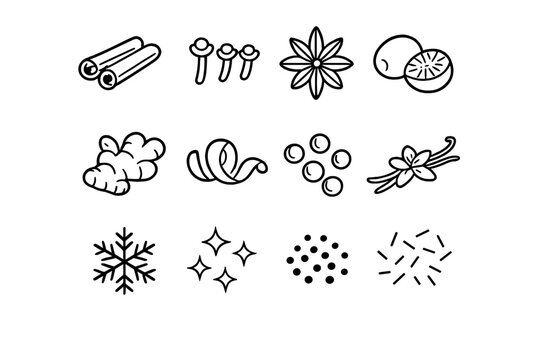 Winter Spice Icons. Warm winter spice set. Line outline icon set of Warm winter spice set: cinnamon stick,