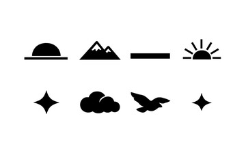 2026 Sunrise Icons. First light of 2026. Filled icon set of first light of 2026: sun half-circle, mountain