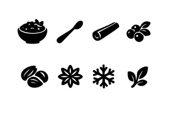 Winter Oatmeal Icons. Oatmeal with winter toppings. Filled icon set of oatmeal with winter toppings: bowl of