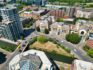 High Angle Street View and Buildings at Central Reading London City and Town Centre. Aerial Drone Tour of England United Kingdom. July 11th, 2025