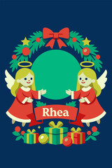 Fototapeta premium Angel pair holding ribbon nameplate beneath green wreath and red bow, cute holiday emblem with wings and ornaments for personalized greeting