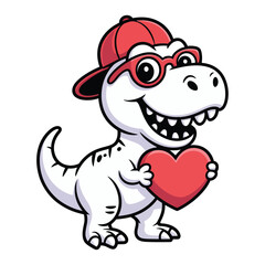 Obraz premium A hand drawn cartoon illustration of a cheerful Tyrannosaurus rex wearing a red baseball cap, red sunglasses. The T-Rex holds a red heart in its arms.