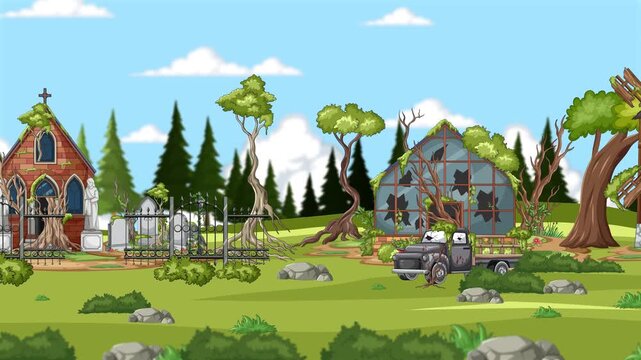 Side-Scrolling Pan Across Rustic Countryside Landmarks Animation