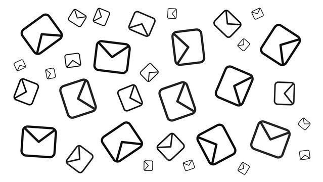 A black and white illustration featuring numerous scattered envelope icons of various sizes, representing mail, communication, or digital messages.