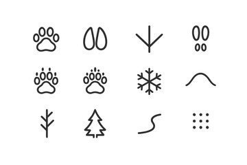Winter Footprint Icons. Winter footprint study. Line outline icon set of Winter footprint study: paw print,