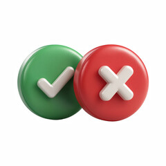 Fototapeta premium 3D glossy green check and red cross round buttons icon set, isolated on transparent background.