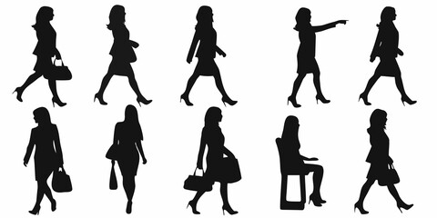 Obraz premium Silhouettes of women in various poses and stylish outfits walking and posing