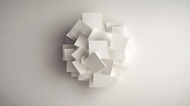 Geometric Harmony: An abstract composition of white geometric blocks arranged in a visually pleasing pattern. Minimalist design captures the play of light and shadow.