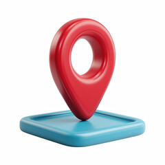3D cartoon red map pin on blue square base, glossy plastic location icon isolated on transparent background.