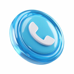 3D cartoon phone call icon on blue glossy button, white handset symbol isolated on transparent background.