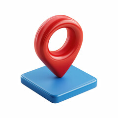 3D cartoon red map pin on blue square base, glossy plastic location icon isolated on transparent background.