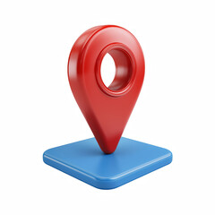 3D cartoon red map pin on blue square base, glossy plastic location icon isolated on transparent background.