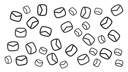 Naklejka premium A black and white graphic illustration featuring numerous scattered outline drawings of envelopes of various sizes and orientations.