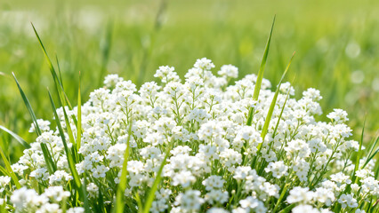 Fototapeta premium Green Lawn & White Small Flower Natural Landscape Photography