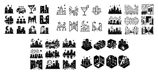Fototapeta premium Urban nightlife icons and cityscapes