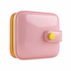 3D pastel pink wallet with yellow strap and button, cute finance accessory icon isolated on transparent background