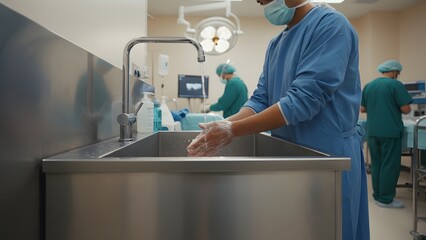 Surgeon washing hands in operating room.