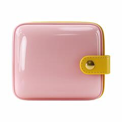 3D pastel pink wallet with yellow strap and button, cute finance accessory icon isolated on transparent background