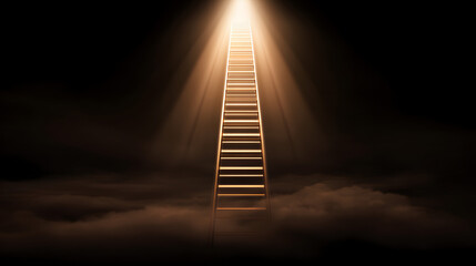 Ascending to the Light: A long wooden ladder ascends directly into a brilliant beam of light, its rungs promising a journey to a celestial destination above misty clouds and a darkened background.