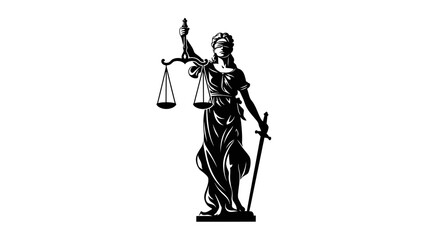 Silhouette of Lady Justice with Scales and Sword on White Background