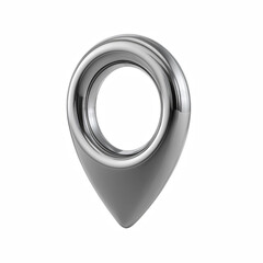 3D metallic silver location pin marker icon with hollow center, map navigation symbol isolated on transparent background
